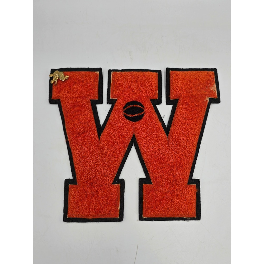 Vintage Varsity Letterman‎ Patch W Orange Black Wrestling Pin Basketball 8"